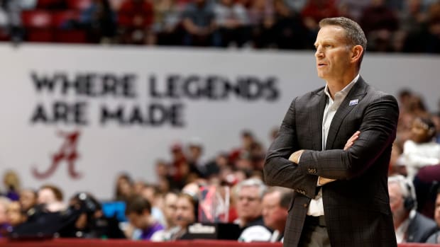 Jan 27, 2024; Tuscaloosa, Alabama, USA; Alabama Crimson Tide head coach Nate Oats watches during the first half against the LSU Tigers at Coleman Coliseum. Mandatory Credit: Butch Dill-USA TODAY Sports  